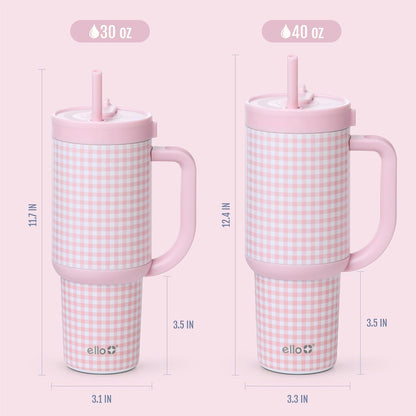 Oasis 30oz Insulated Stainless Steel Tumbler with Straw, Pink Gingham | Insulated stainless steel cup with handle, retracting straw, leakproof lid, keeps cold 24 hours, cupholder fit