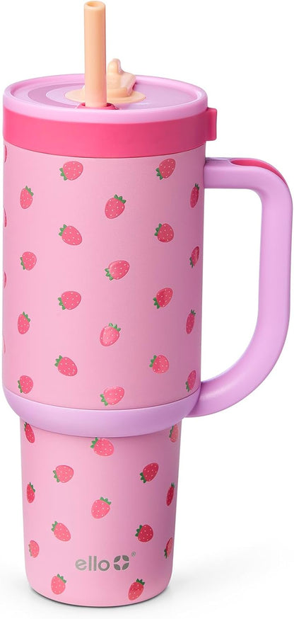 Oasis 30oz Insulated Stainless Steel Tumbler with Straw, Pink Gingham | Insulated stainless steel cup with handle, retracting straw, leakproof lid, keeps cold 24 hours, cupholder fit