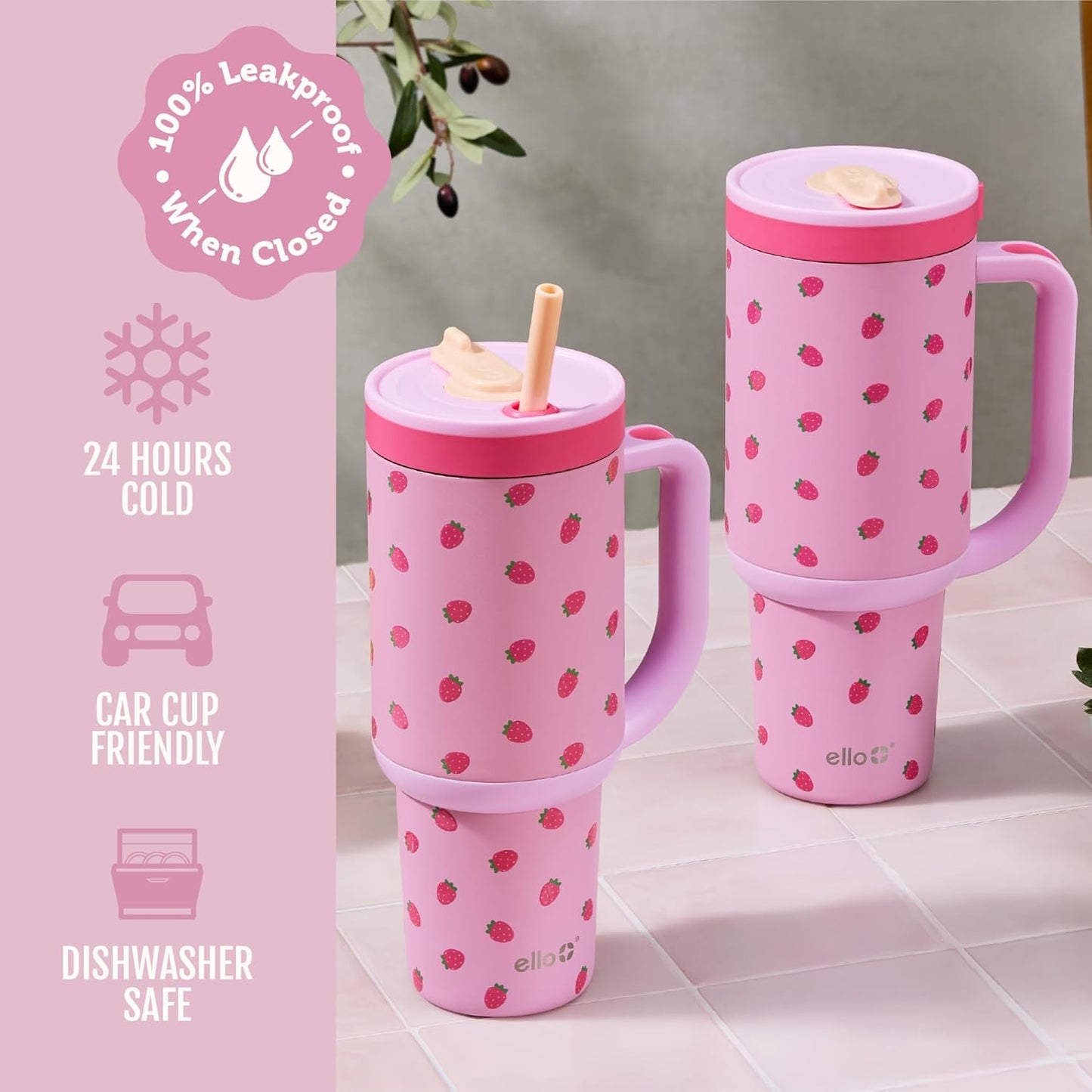 Oasis 30oz Insulated Stainless Steel Tumbler with Straw, Pink Gingham | Insulated stainless steel cup with handle, retracting straw, leakproof lid, keeps cold 24 hours, cupholder fit