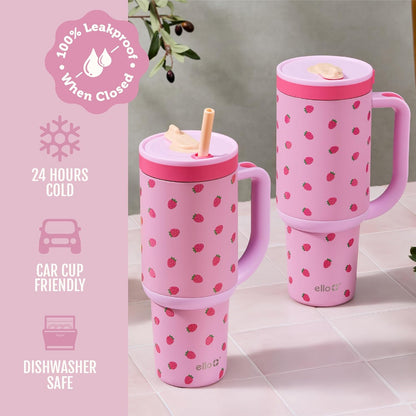 Oasis 30oz Insulated Stainless Steel Tumbler with Straw, Pink Gingham | Insulated stainless steel cup with handle, retracting straw, leakproof lid, keeps cold 24 hours, cupholder fit