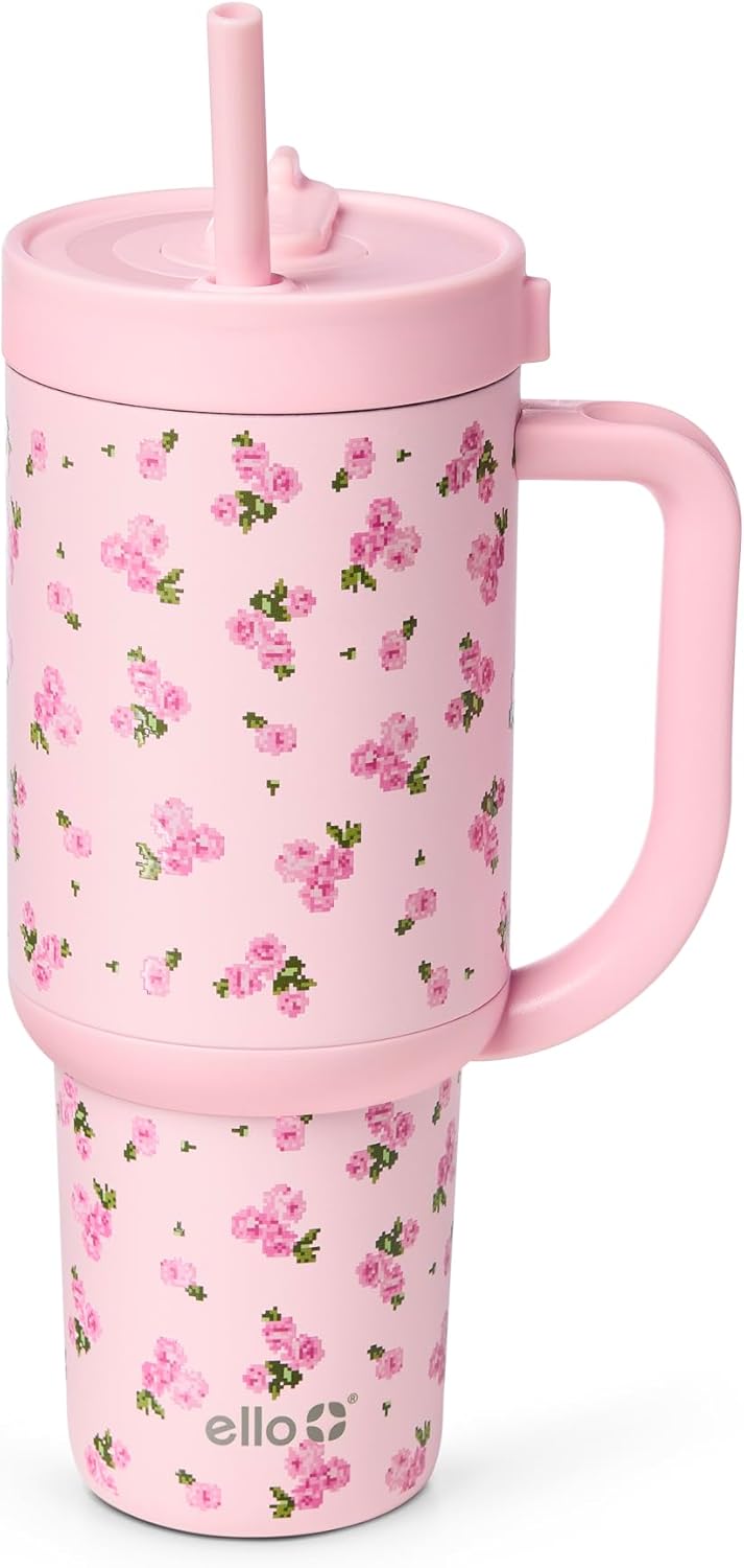 Oasis 30oz Insulated Stainless Steel Tumbler with Straw, Pink Gingham | Insulated stainless steel cup with handle, retracting straw, leakproof lid, keeps cold 24 hours, cupholder fit