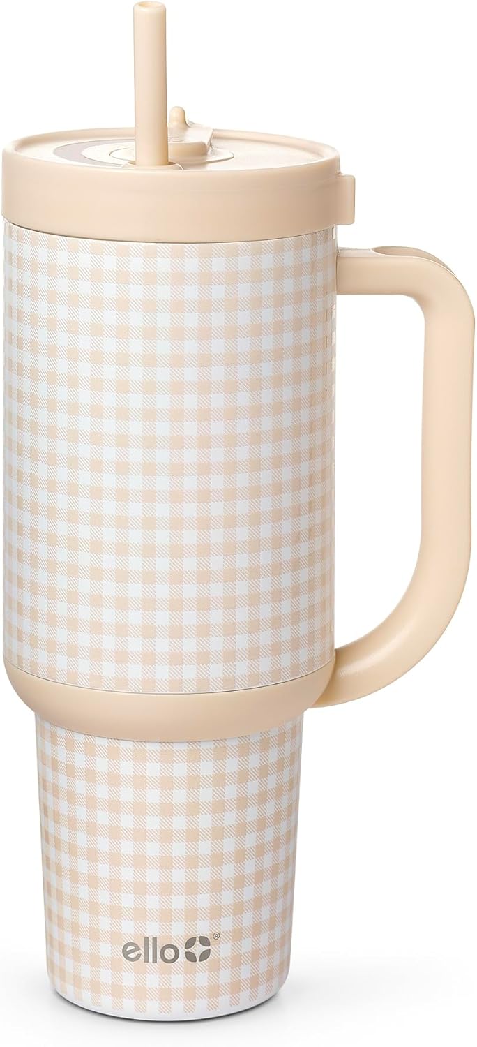 Oasis 30oz Insulated Stainless Steel Tumbler with Straw, Pink Gingham | Insulated stainless steel cup with handle, retracting straw, leakproof lid, keeps cold 24 hours, cupholder fit