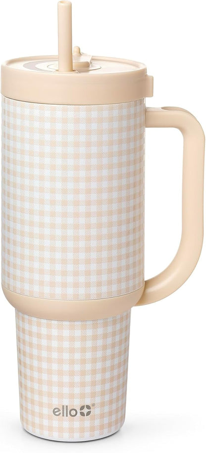 Oasis 30oz Insulated Stainless Steel Tumbler with Straw, Pink Gingham | Insulated stainless steel cup with handle, retracting straw, leakproof lid, keeps cold 24 hours, cupholder fit