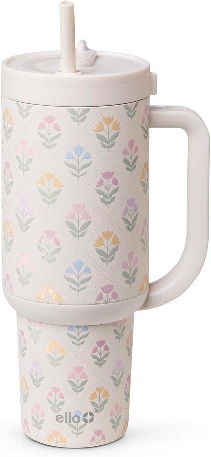 Oasis 30oz Insulated Stainless Steel Tumbler with Straw, Pink Gingham | Insulated stainless steel cup with handle, retracting straw, leakproof lid, keeps cold 24 hours, cupholder fit
