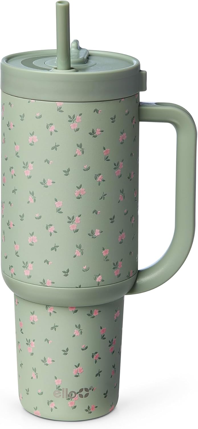 Oasis 30oz Insulated Stainless Steel Tumbler with Straw, Pink Gingham | Insulated stainless steel cup with handle, retracting straw, leakproof lid, keeps cold 24 hours, cupholder fit