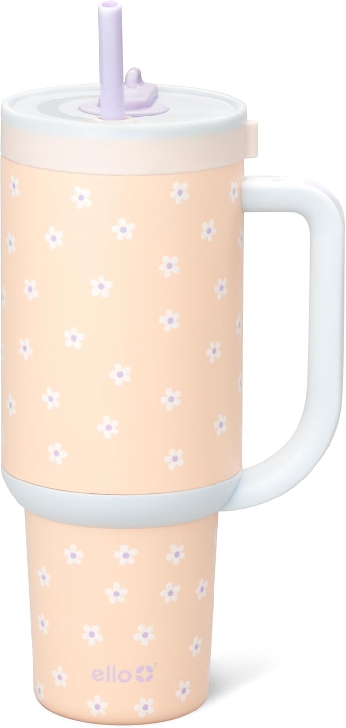 Oasis 30oz Insulated Stainless Steel Tumbler with Straw, Pink Gingham | Insulated stainless steel cup with handle, retracting straw, leakproof lid, keeps cold 24 hours, cupholder fit