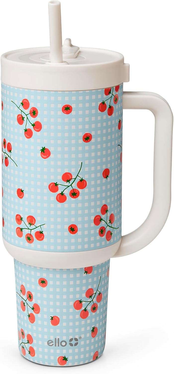 Oasis 30oz Insulated Stainless Steel Tumbler with Straw, Pink Gingham | Insulated stainless steel cup with handle, retracting straw, leakproof lid, keeps cold 24 hours, cupholder fit