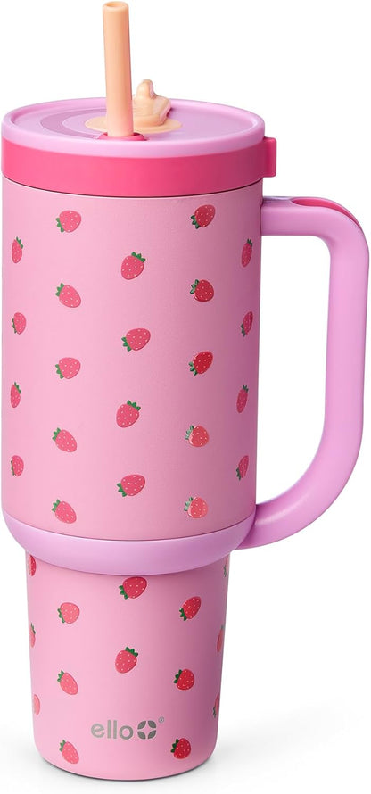 Oasis 30oz Insulated Stainless Steel Tumbler with Straw, Pink Gingham | Insulated stainless steel cup with handle, retracting straw, leakproof lid, keeps cold 24 hours, cupholder fit