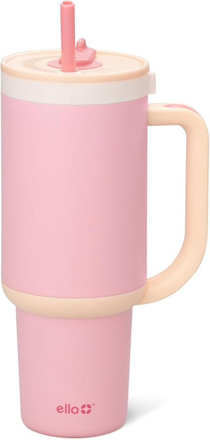Oasis 30oz Insulated Stainless Steel Tumbler with Straw, Pink Gingham | Insulated stainless steel cup with handle, retracting straw, leakproof lid, keeps cold 24 hours, cupholder fit