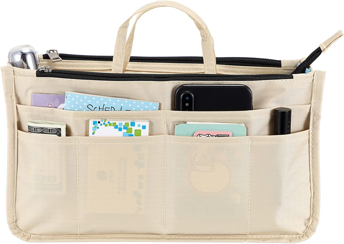 Printing Handbag Organizers Inside Purse Insert - High Capacity 13 Pockets Bag Tote Organizer with Handle Beige