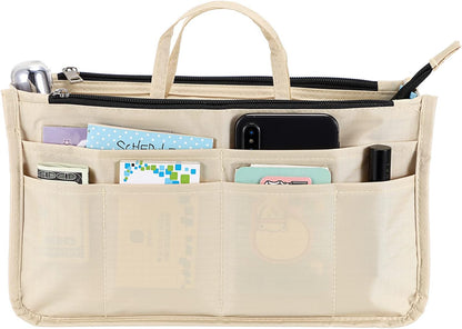 Printing Handbag Organizers Inside Purse Insert - High Capacity 13 Pockets Bag Tote Organizer with Handle Beige