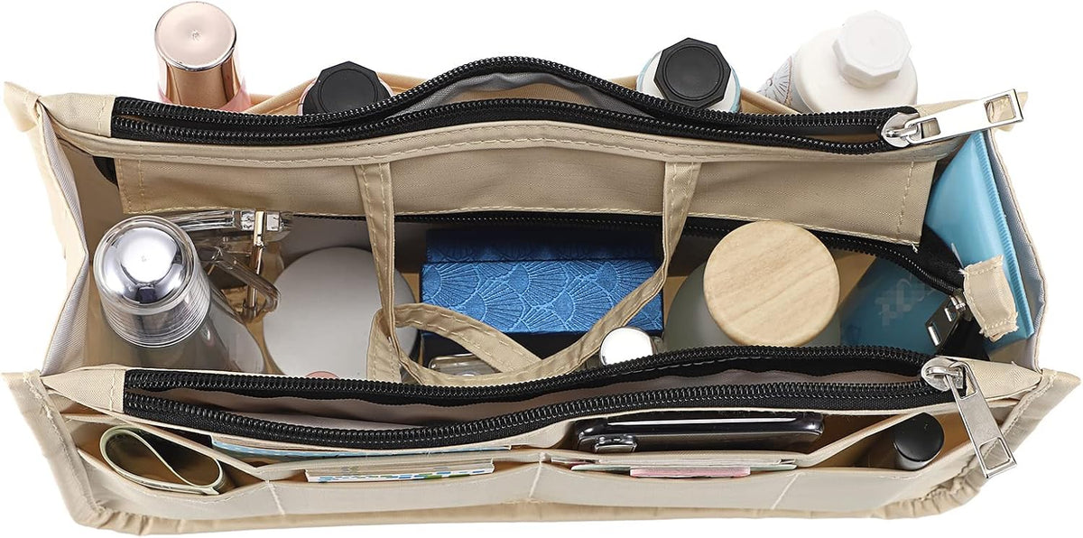 Printing Handbag Organizers Inside Purse Insert - High Capacity 13 Pockets Bag Tote Organizer with Handle Beige