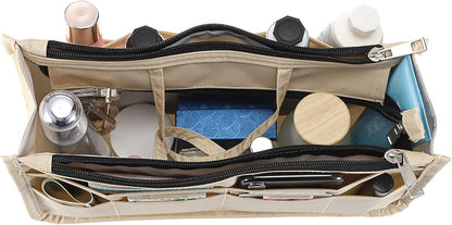 Printing Handbag Organizers Inside Purse Insert - High Capacity 13 Pockets Bag Tote Organizer with Handle Beige