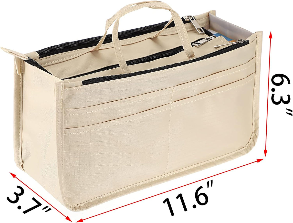 Printing Handbag Organizers Inside Purse Insert - High Capacity 13 Pockets Bag Tote Organizer with Handle Beige