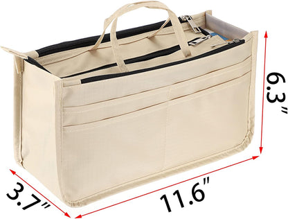 Printing Handbag Organizers Inside Purse Insert - High Capacity 13 Pockets Bag Tote Organizer with Handle Beige