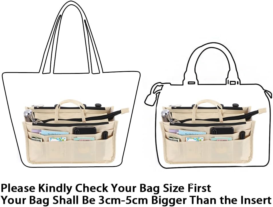 Printing Handbag Organizers Inside Purse Insert - High Capacity 13 Pockets Bag Tote Organizer with Handle Beige