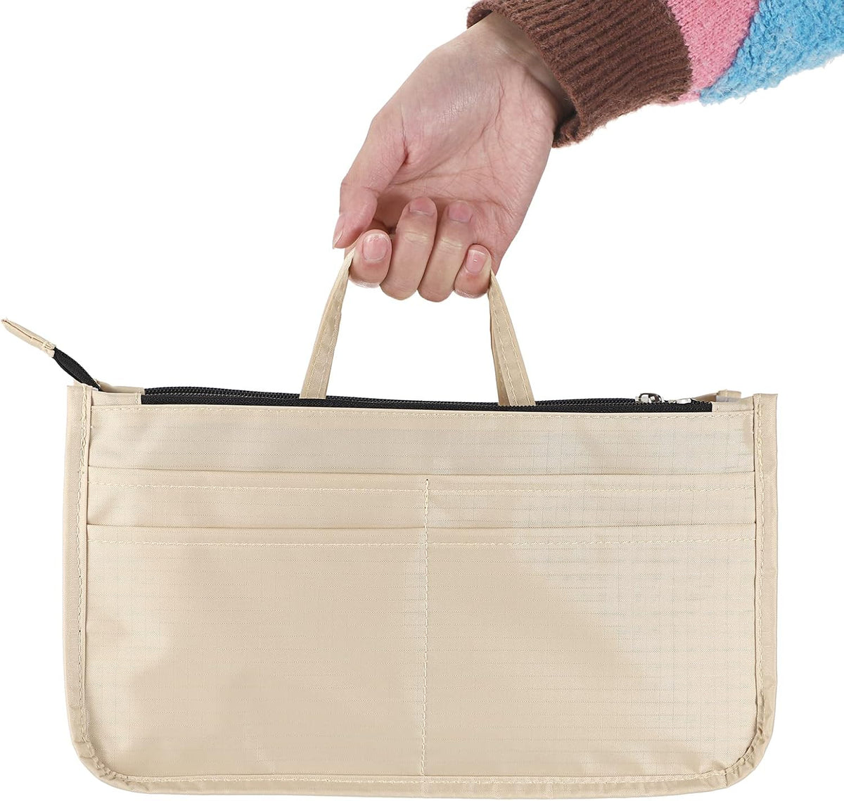 Printing Handbag Organizers Inside Purse Insert - High Capacity 13 Pockets Bag Tote Organizer with Handle Beige