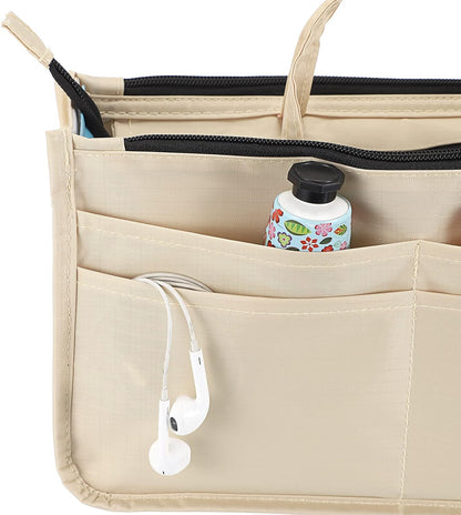 Printing Handbag Organizers Inside Purse Insert - High Capacity 13 Pockets Bag Tote Organizer with Handle Beige