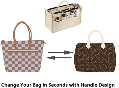 Printing Handbag Organizers Inside Purse Insert - High Capacity 13 Pockets Bag Tote Organizer with Handle Beige