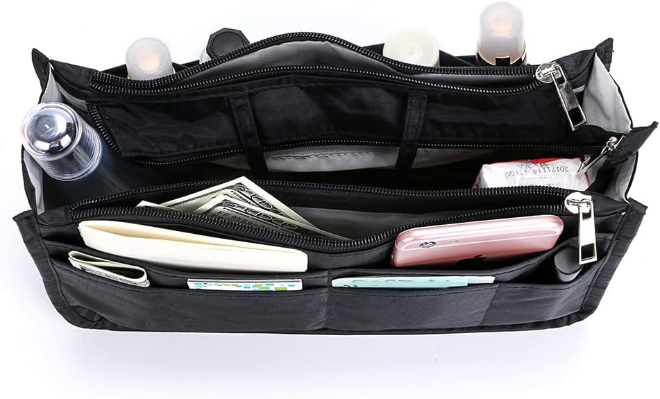 Printing Handbag Organizers Inside Purse Insert - High Capacity 13 Pockets Bag Tote Organizer with Handle Beige