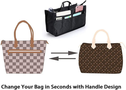 Printing Handbag Organizers Inside Purse Insert - High Capacity 13 Pockets Bag Tote Organizer with Handle Beige