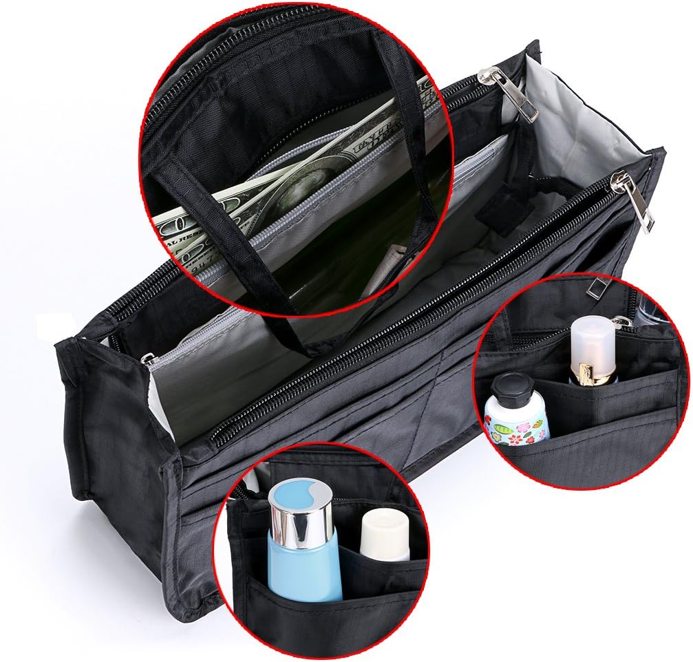 Printing Handbag Organizers Inside Purse Insert - High Capacity 13 Pockets Bag Tote Organizer with Handle Beige