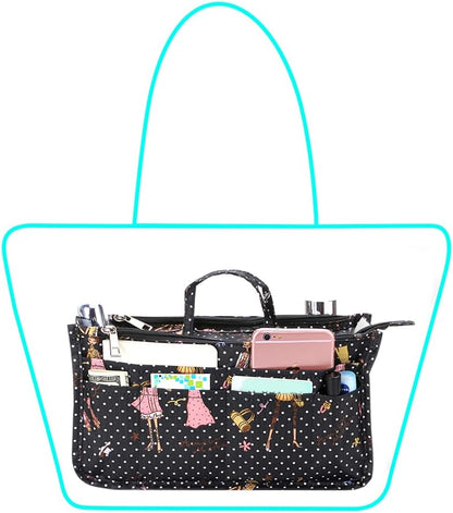Printing Handbag Organizers Inside Purse Insert - High Capacity 13 Pockets Bag Tote Organizer with Handle Beige