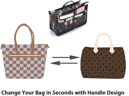 Printing Handbag Organizers Inside Purse Insert - High Capacity 13 Pockets Bag Tote Organizer with Handle Beige