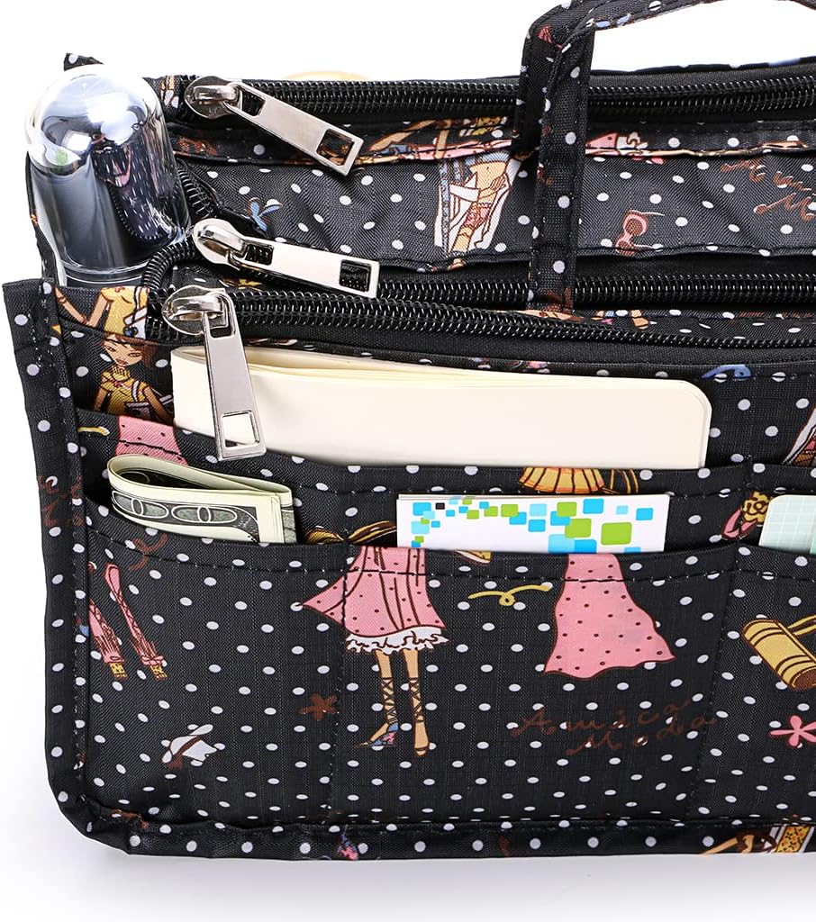 Printing Handbag Organizers Inside Purse Insert - High Capacity 13 Pockets Bag Tote Organizer with Handle Beige