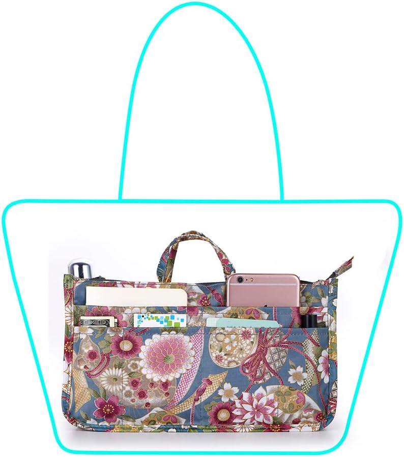 Printing Handbag Organizers Inside Purse Insert - High Capacity 13 Pockets Bag Tote Organizer with Handle Beige