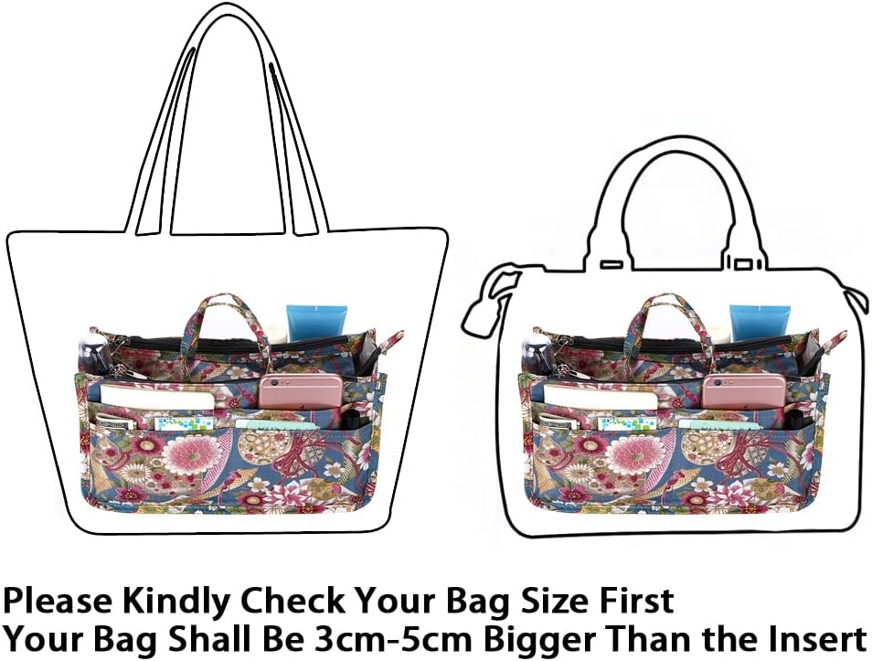Printing Handbag Organizers Inside Purse Insert - High Capacity 13 Pockets Bag Tote Organizer with Handle Beige