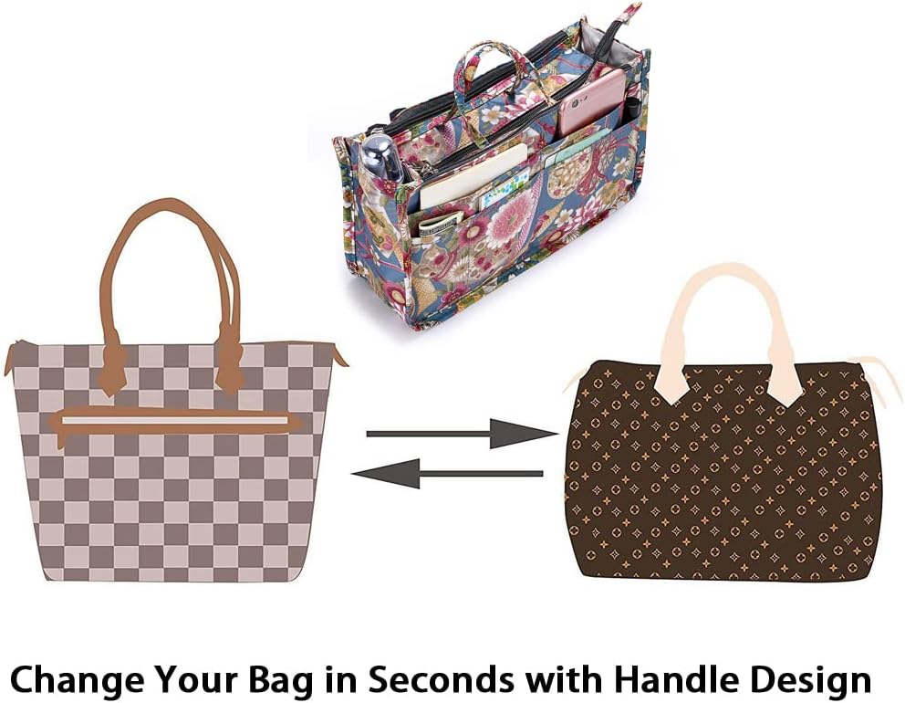 Printing Handbag Organizers Inside Purse Insert - High Capacity 13 Pockets Bag Tote Organizer with Handle Beige
