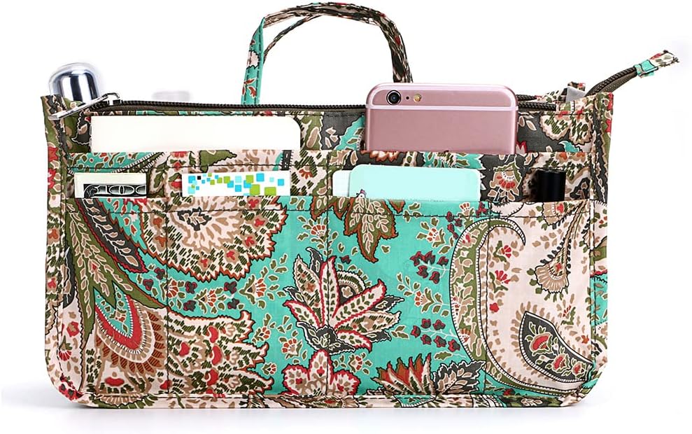 Printing Handbag Organizers Inside Purse Insert - High Capacity 13 Pockets Bag Tote Organizer with Handle Beige