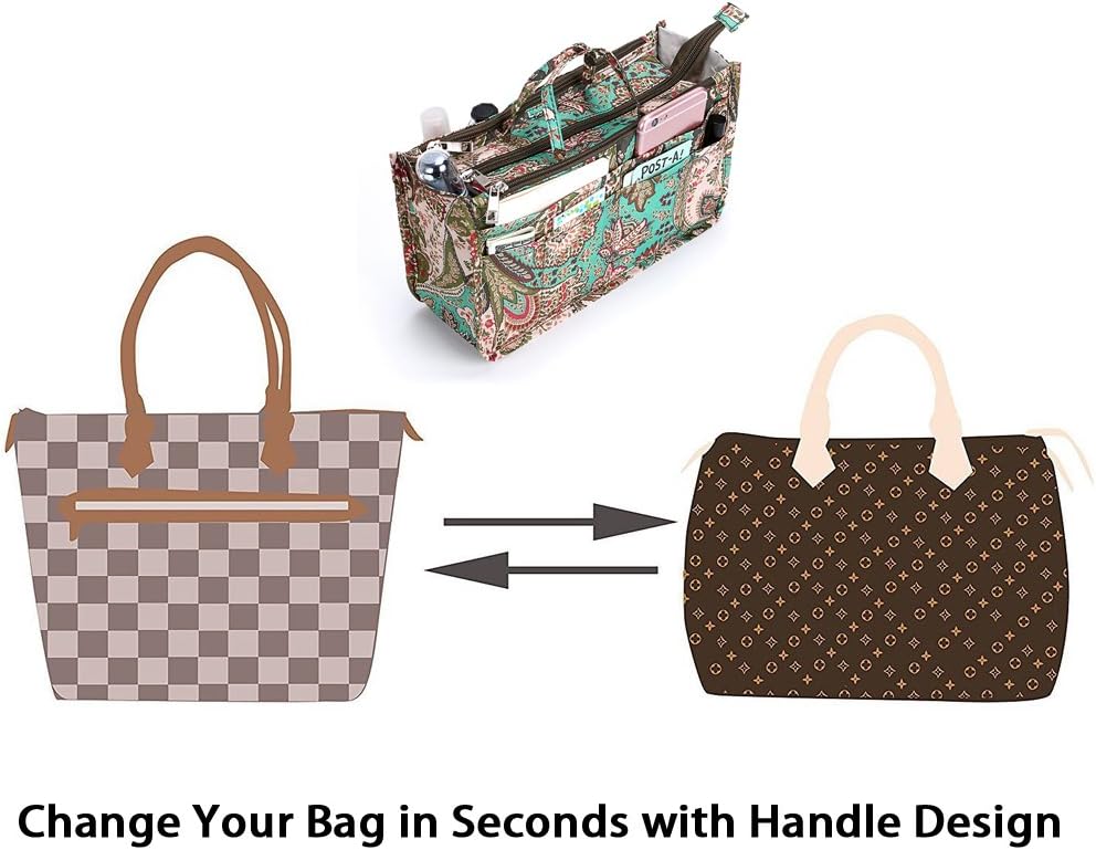 Printing Handbag Organizers Inside Purse Insert - High Capacity 13 Pockets Bag Tote Organizer with Handle Beige