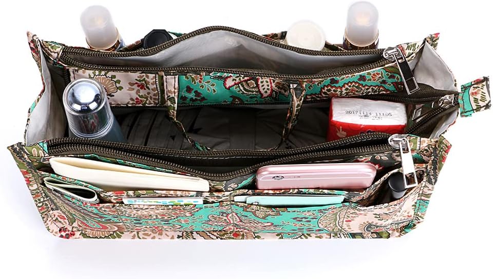 Printing Handbag Organizers Inside Purse Insert - High Capacity 13 Pockets Bag Tote Organizer with Handle Beige