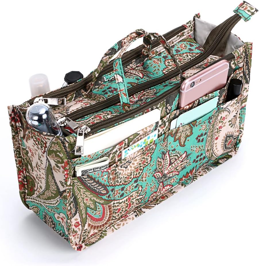 Printing Handbag Organizers Inside Purse Insert - High Capacity 13 Pockets Bag Tote Organizer with Handle Beige