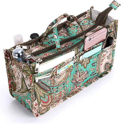 Printing Handbag Organizers Inside Purse Insert - High Capacity 13 Pockets Bag Tote Organizer with Handle Beige