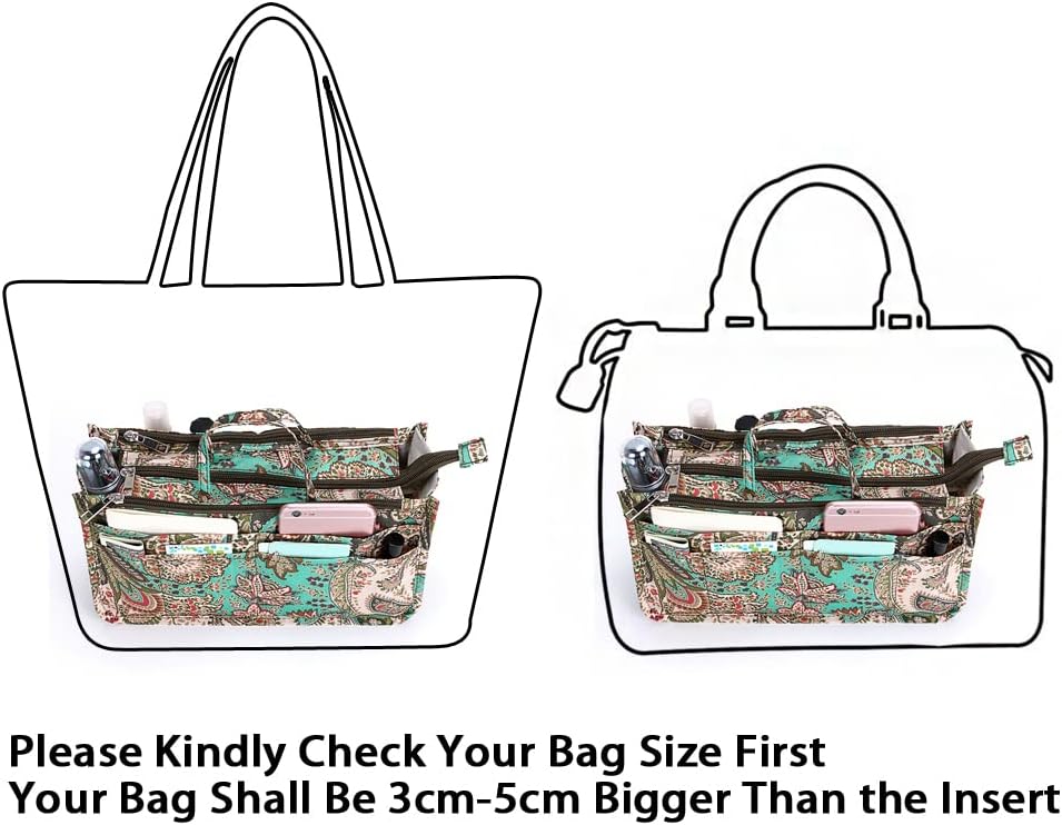 Printing Handbag Organizers Inside Purse Insert - High Capacity 13 Pockets Bag Tote Organizer with Handle Beige