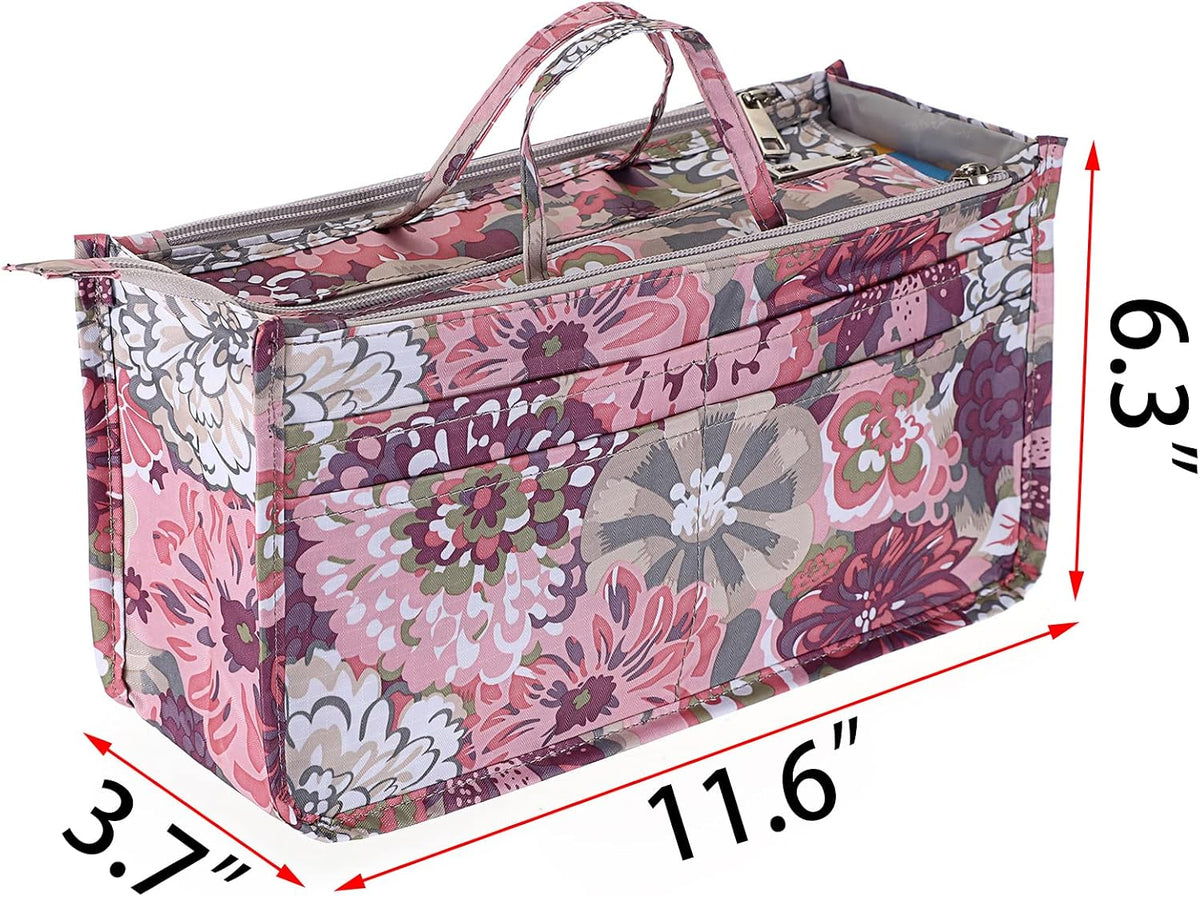 Printing Handbag Organizers Inside Purse Insert - High Capacity 13 Pockets Bag Tote Organizer with Handle Beige
