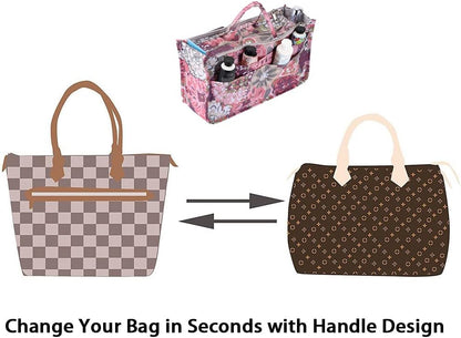 Printing Handbag Organizers Inside Purse Insert - High Capacity 13 Pockets Bag Tote Organizer with Handle Beige