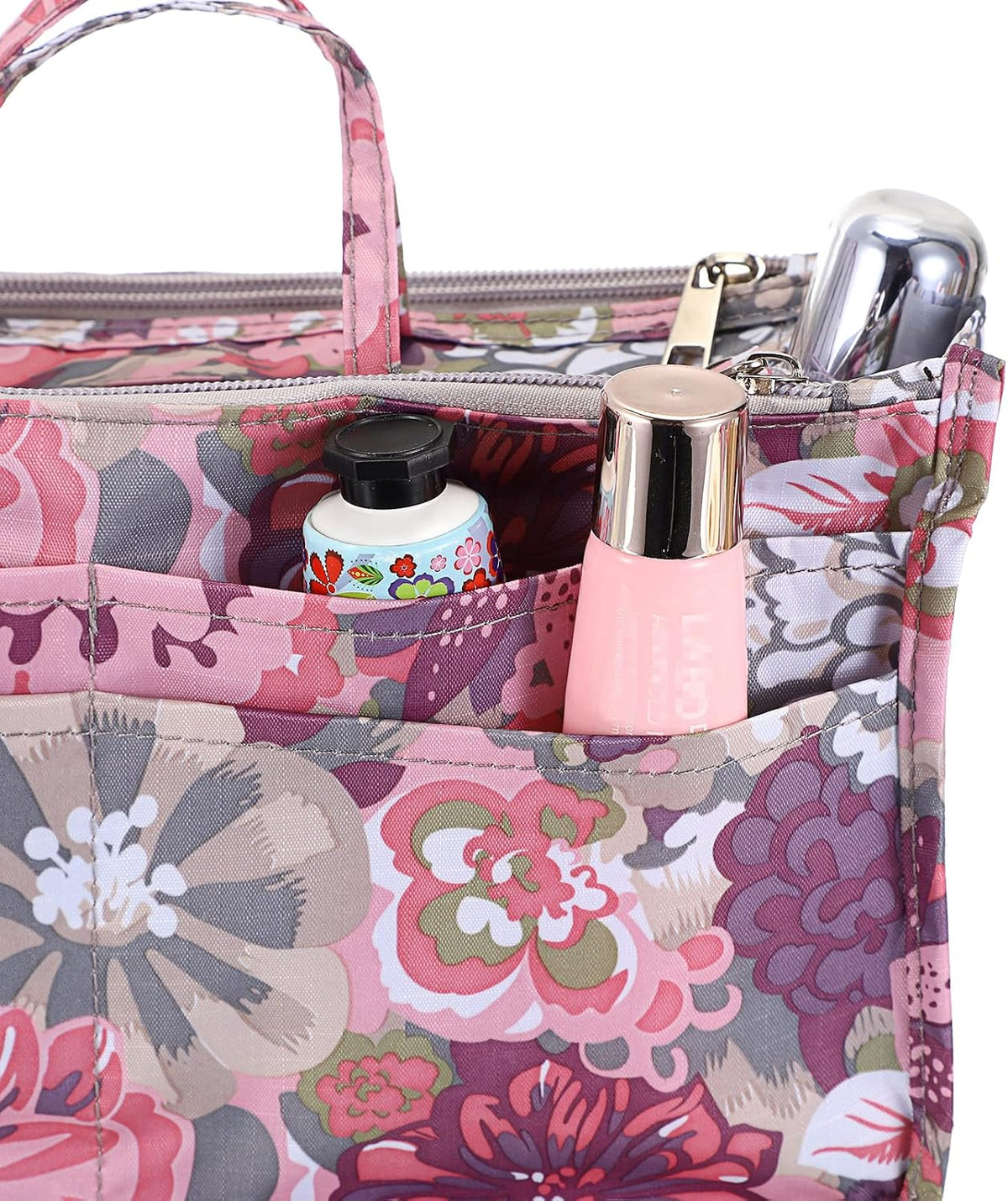Printing Handbag Organizers Inside Purse Insert - High Capacity 13 Pockets Bag Tote Organizer with Handle Beige