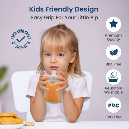 Extra Wide Reusable Baby Food Pouches Silicone - Baby Food Storage Pouch - Refillable Squeeze Pouches for Kids - BPA Free & Freezable - Refillable Pouches for Toddlers (Grey, Pack of 2)
