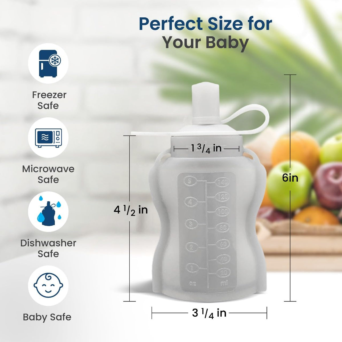 Extra Wide Reusable Baby Food Pouches Silicone - Baby Food Storage Pouch - Refillable Squeeze Pouches for Kids - BPA Free & Freezable - Refillable Pouches for Toddlers (Grey, Pack of 2)