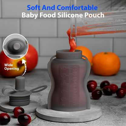Extra Wide Reusable Baby Food Pouches Silicone - Baby Food Storage Pouch - Refillable Squeeze Pouches for Kids - BPA Free & Freezable - Refillable Pouches for Toddlers (Grey, Pack of 2)