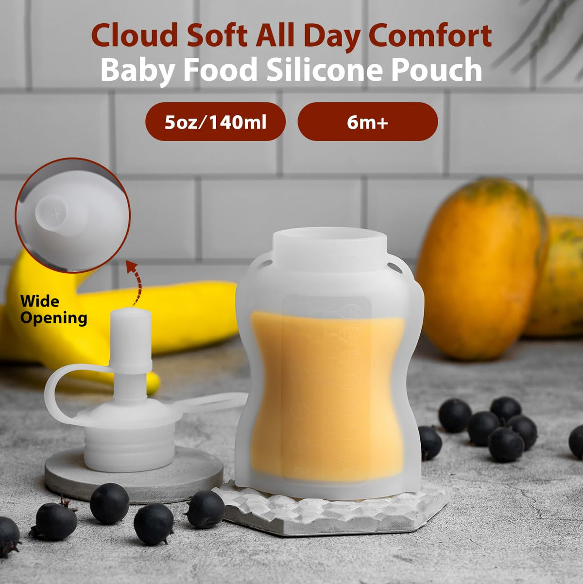 Extra Wide Reusable Baby Food Pouches Silicone - Baby Food Storage Pouch - Refillable Squeeze Pouches for Kids - BPA Free & Freezable - Refillable Pouches for Toddlers (Grey, Pack of 2)