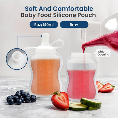 Extra Wide Reusable Baby Food Pouches Silicone - Baby Food Storage Pouch - Refillable Squeeze Pouches for Kids - BPA Free & Freezable - Refillable Pouches for Toddlers (Grey, Pack of 2)
