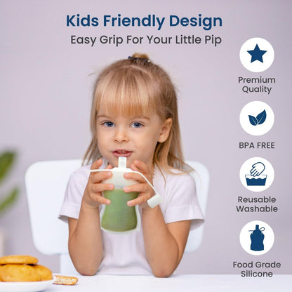 Extra Wide Reusable Baby Food Pouches Silicone - Baby Food Storage Pouch - Refillable Squeeze Pouches for Kids - BPA Free & Freezable - Refillable Pouches for Toddlers (Grey, Pack of 2)