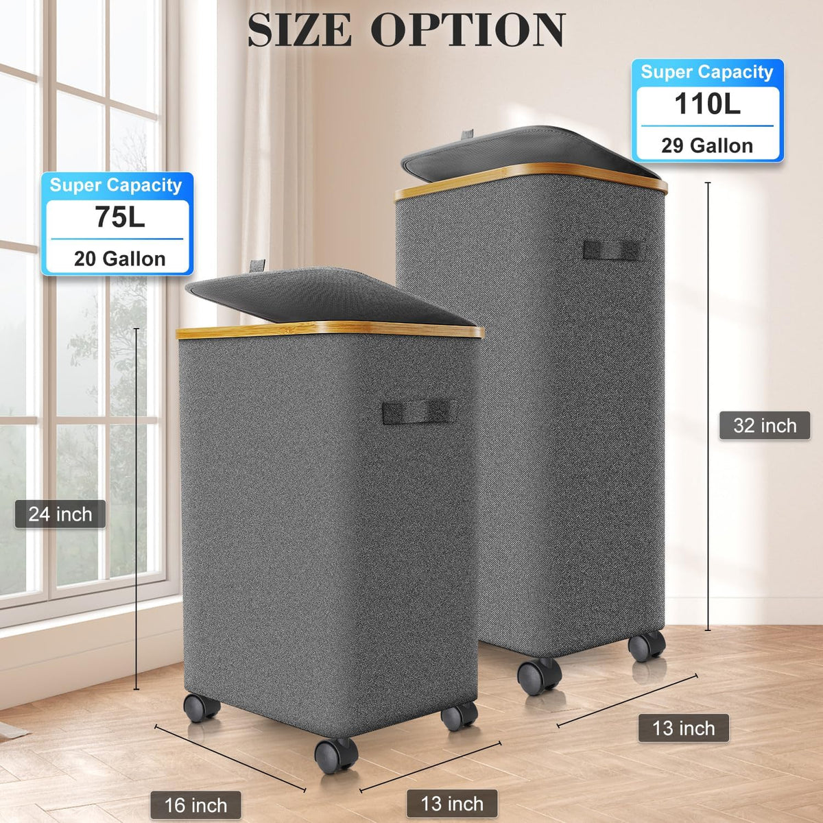 Laundry Hamper with Wheels, 75L Rolling Laundry Basket with Lid