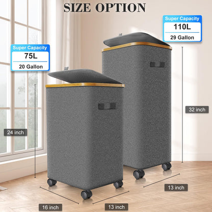 Laundry Hamper with Wheels, 75L Rolling Laundry Basket with Lid
