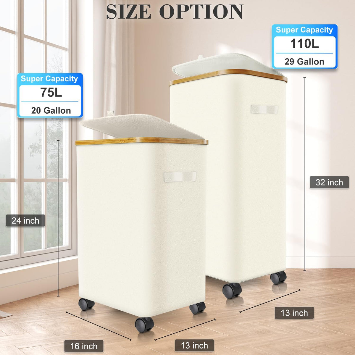 Laundry Hamper with Wheels, 75L Rolling Laundry Basket with Lid